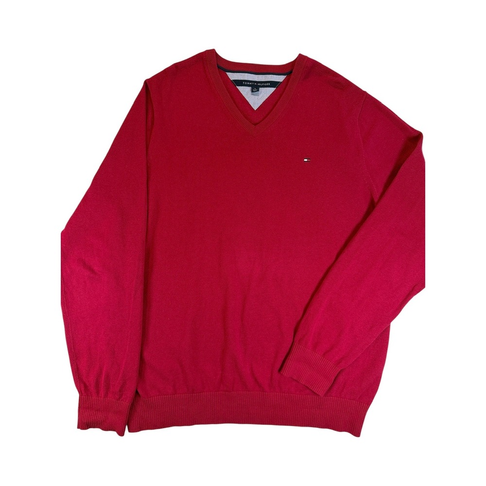 Tommy Hilfiger Pullover Sweater Mens XL Red V-Neck Cotton Long Sleeve C837864272